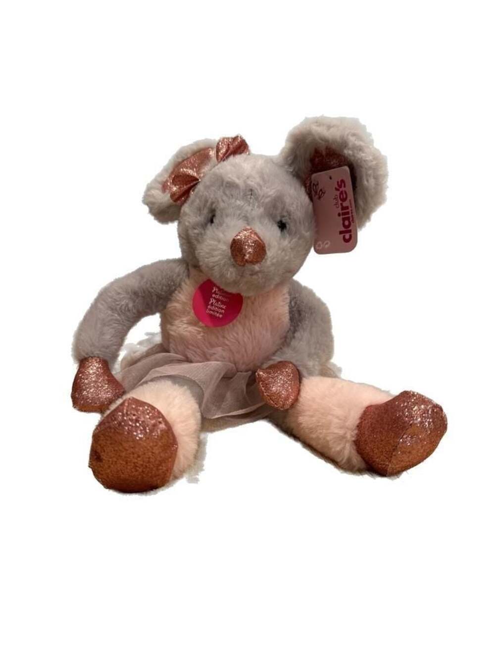 Claire's Club Platinum Edition Pink & Grey Ballerina Mouse Plush with Rose Gold